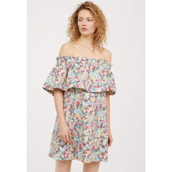 H & M Off Shoulder Ditsy Floral Cottage Core Ruffle Dress Cotton Blend S… - Picture 1 of 11